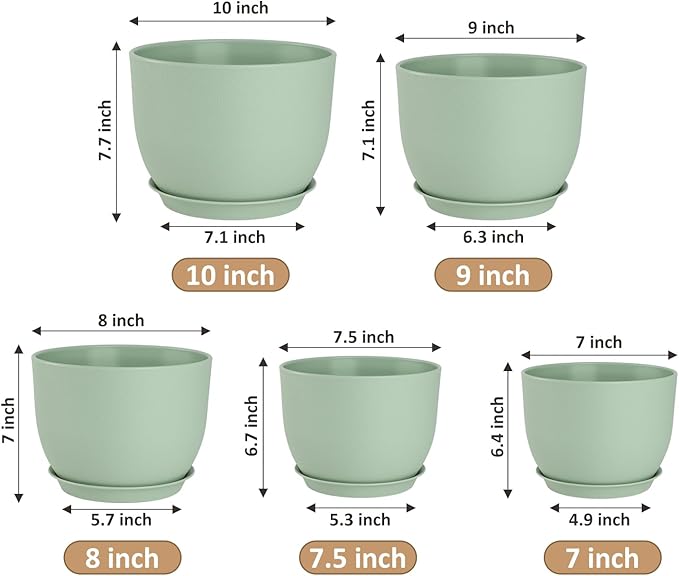 Plant Pots 10/9/8/7.5/7 inch Flower Pots with Multi Mesh Drainage Holes, Planters for Indoor Outdoor Garden Plants and Flowers. (Green) AFamilyofGardenLovers