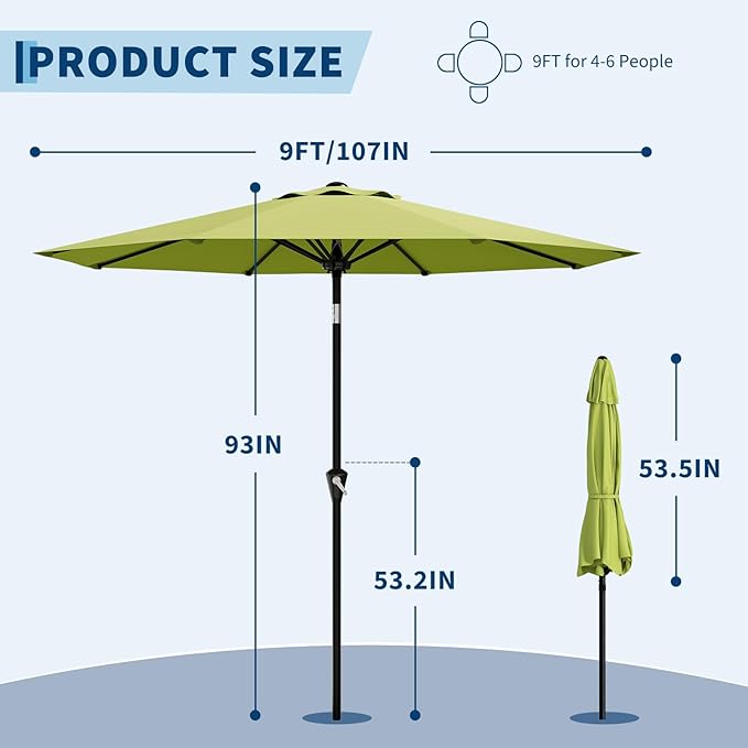 Garvee 9FT Patio Umbrella - Outdoor Table Umbrella with Smooth Crank Lift, Push Button Tilt and 8 Sturdy Ribs - Market Umbrella UV Protection Waterproof for Pool, Deck, Yard, Garden -Apple Green Garvee
