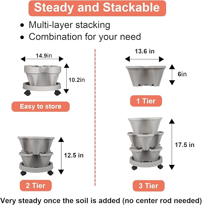 GameXcel Vertical Planter 3 Tier Stackable Planters Garden Planters Strawberry Herb Flower and Vegetable Planter Indoor Outdoor Gardening Pots with Removable Wheels and Tools 2-Pack GameXcel