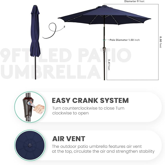 JEAREY 9FT Outdoor Patio Umbrella with Solar Lights, LED Lighted Pool Umbrella with Tilt and Crank, Outdoor Table Umbrellas for Deck, Yard & Market (9ft, Navy Blue) JEAREYOutdoorsCollection