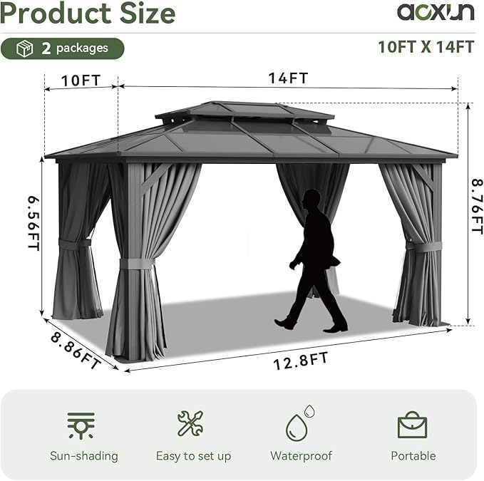 Aoxun 10'x14' Hardtop Gazebo, Aluminum Frame Permanent Pavilion with Curtains and Netting, Outdoor Polycarbonate Double Roof Canopy, Gray Aoxun