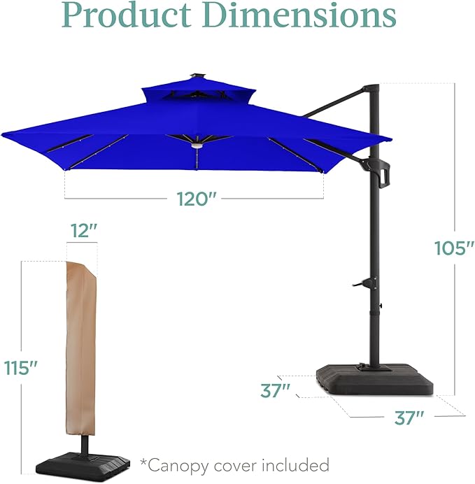 Best Choice Products 10x10ft Cantilever Patio Umbrella w/Base Included, Solar LED Lights 360 Rotation Large Offset Hanging Outdoor Shade for Deck Pool Backyard w/Stand – Resort Blue BestChoiceProducts