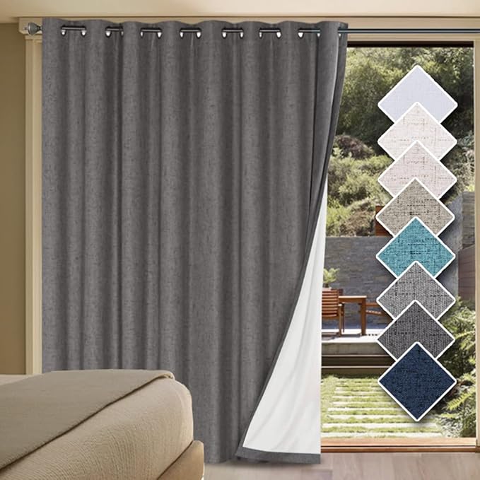 H.VERSAILTEX Linen Blackout Curtains Durable Thick Textured Linen Look 100% Blackout Patio Door Curtain Anti Rust Grommet Extra Wide Sliding Door Curtain Panel, W100 x L84 inch - Grey HVERSAILTEX