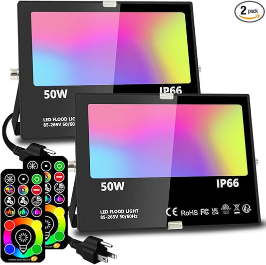 MELPO Led Flood Light 500W Equivalent, RGBW Led Outdoor Lights Colored Floodlight with Remote,50W,5000ML 2700K,120 Colors, Timing, Dimmable, Custom Modes, Landscape Lighting (2 Pack) MELPO