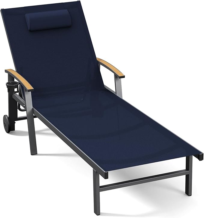 Ciokea Outdoor Lounge Chair with Pillow, 5-Position Aluminum Chaise Lounge with Wheels & Armrests, 400 lbs Heavy Duty Patio Pool Chair for Deck, Backyard, Beach & Poolside, Navy Blue CIOKEA