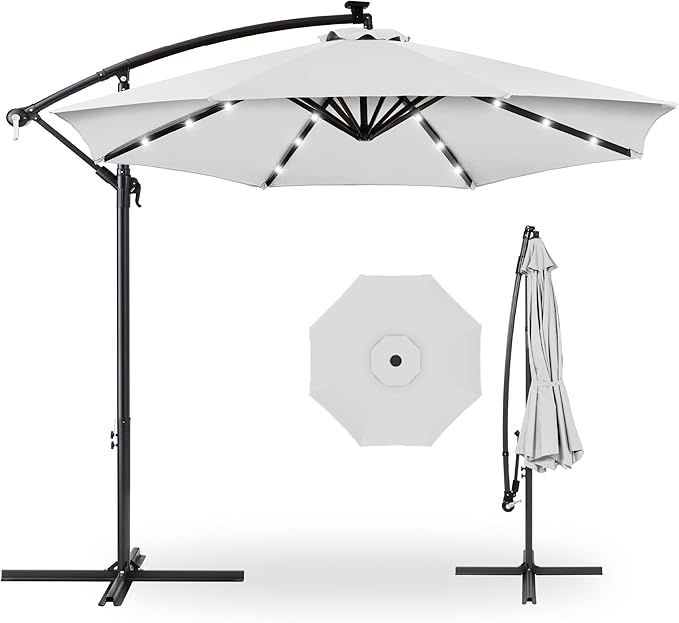 Best Choice Products 10ft Solar LED Offset Cantilever Hanging Market Patio Umbrella, 8 Sturdy Ribs, Easy Adjustment - Fog Gray BestChoiceProducts