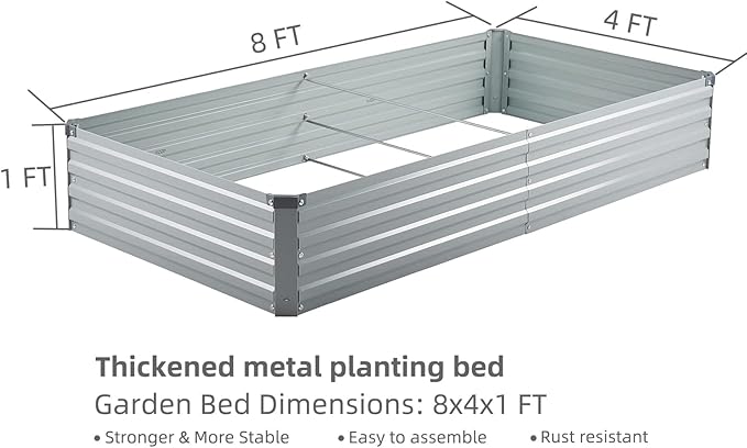 2 Pack 8x4x1FT Galvanized Raised Garden Bed Kit, Outdoor Metal Planter Box for Vegetables, Bottomless Rectangular Gardening Bed with Support Rods, Tool-Free Assembly, Gray Meberam