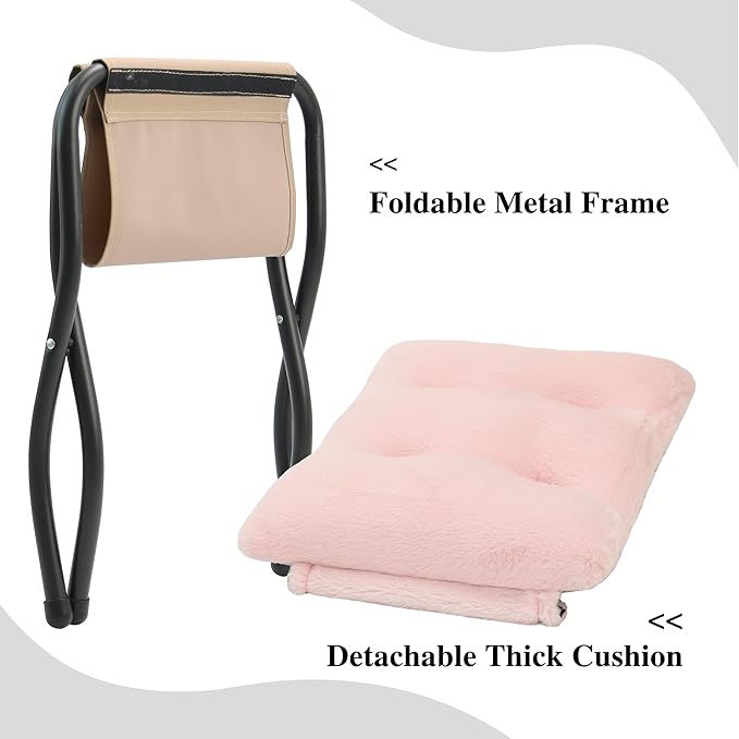 15"(H) Folding Ottoman, Foldable Footrest Stool, Portable Small Foot Stool for Couch, Collapsible Foot Rest Ottoman for Sofa, Accent Padded Ottomans for Living Room, Bedroom, Pink MordchilHF