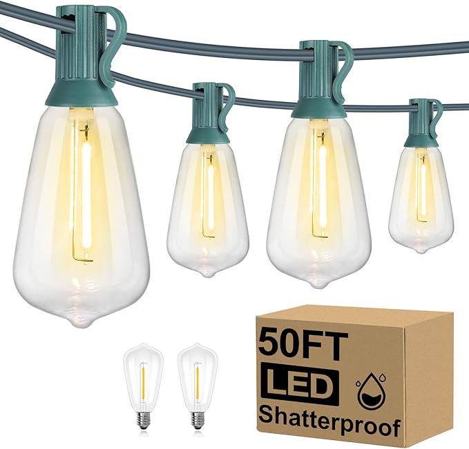 Brightever 50FT Outdoor String Lights Waterproof, 2700K Bright LED Patio Lights with 27 ST38 Shatterproof Vintage Bulbs, Retro Edison String Lights for Outside, Garden, Christmas Decor, Green Wire Brightever