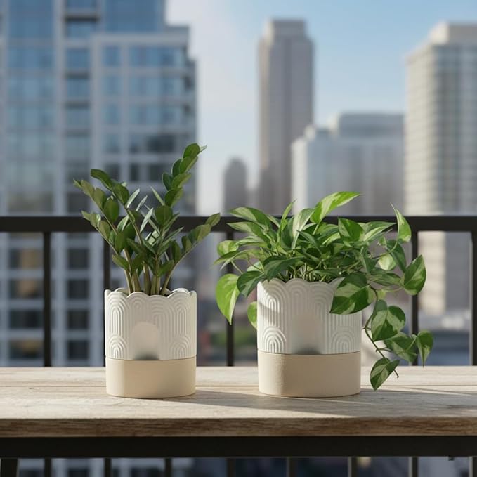 Nihow Self Watering Plant Pot for Indoor Plants : 6 Inch & 8 Inch Ceramic Planter with Drainage Hole & Water Storage - Relief Design Beige & Nature Flower Pot -Set of 2 Nihow