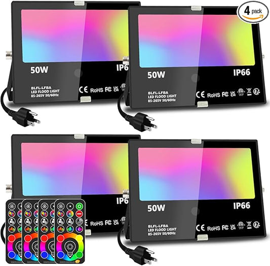MELPO Led Flood Light 500W Equivalent, RGBW Led Outdoor Lights Colored Floodlight with Remote,50W,5000ML 2700K,120 Colors, Timing, Dimmable, Custom Modes, Landscape Lighting (4 Pack) MELPO