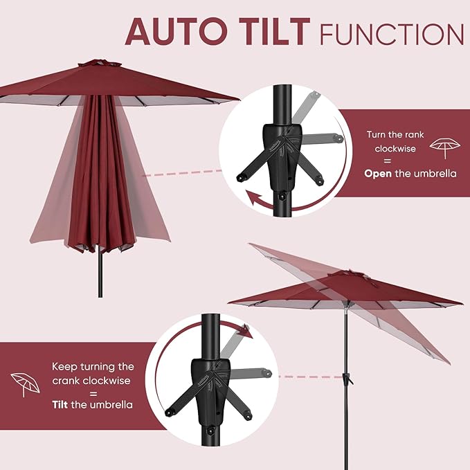 Tempera Patio Market Outdoor Table Umbrella with Auto Tilt and Crank, Large Sun Umbrella with Sturdy Pole & Fade Resistant Canopy, Easy to Set TemperaPatioLife