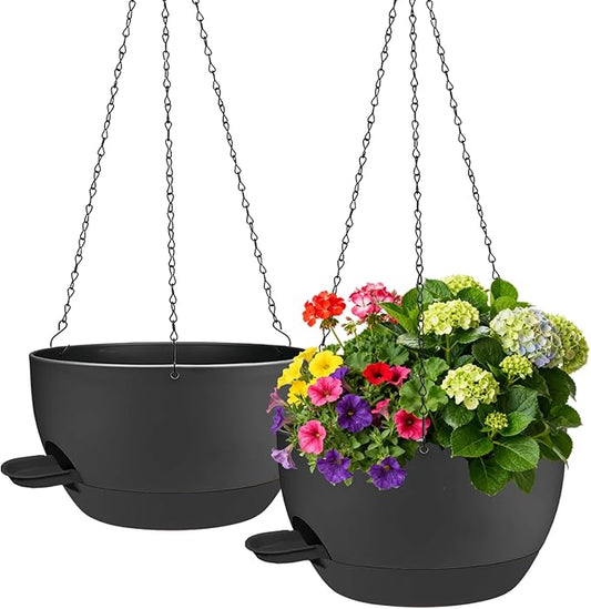 2 Pack Hanging Planters for Indoor Outdoor Plants, 12 Inch Self Watering Hanging Pot with Drainage Holes and Saucer, Plastic Plant Pots, Black Flower Pots for Kitchen, Balcony, Garden Rootora