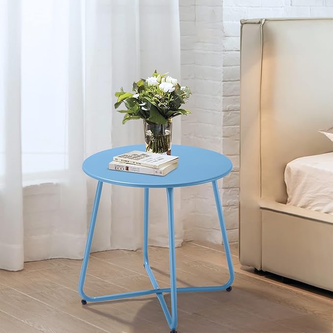 Patio Outdoor Side Table Waterproof Round Metal Steel Small Side Table Weather Resistant Portable Outdoor and Indoor End Table for Garden Balcony Yard, Blue Meluvici