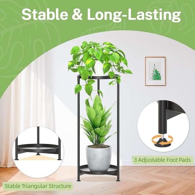 iDavosic.ly 2 Tier Corner Plant Stand Indoor, Tall Vertical Metal Flower Heavy Duty Pot Holder Shelf Outdoor for Patio Porch Living Room, Modern Black - Round iDavosicly