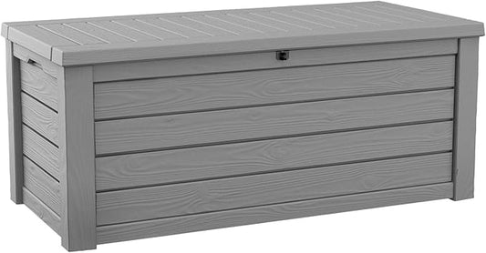 Keter Westwood 150 Gallon Resin Large Outdoor Storage Box for Patio Furniture, Outdoor Cushions, Garden Tools and Pool Floats, Light Grey Keter