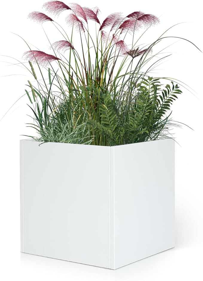 White Outdoor Planter Square Steel Planters Galvanized Steel Planter Box 20 Inch Indoor Metal Large Planters Cube Heavy Duty Modern Commercial Residential for Trees Patio Yard Garden GZGNEEVL