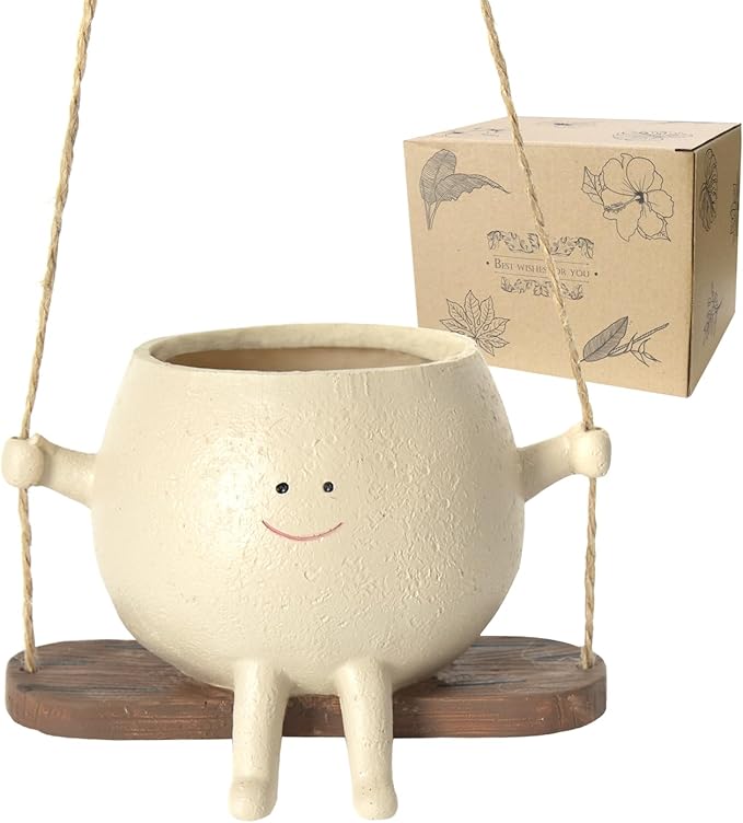 Swing Face Planter Pot Hanging Resin Flower Head Planters for Indoor Outdoor Plants Succulent Pots for String of Pearls Plant Live Gift Ideas for Mother, Christmas UMESONG