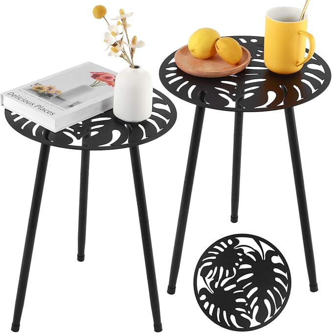Metal Outdoor Side Tables Set of Two Small Outside Round End Table for Patio Modern Accent Garden Corner Table for Small Spaces, Balcony, Porch, Weather-Resistant, Plant Stand Indoor, Black PartyZealot