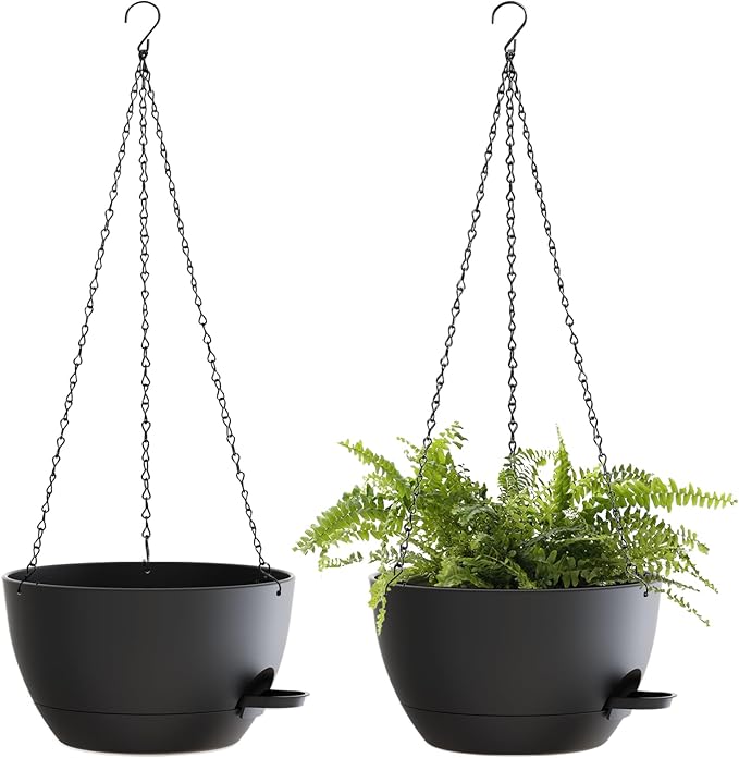 10 Inch Hanging Baskets 2 PC with Chains, Self-Watering Hanging Planters for Indoor Outdoor Plants, Plastic Hanging Flower Pots,Black SQKH