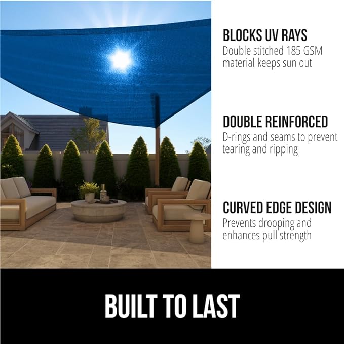 GORILLA GRIP Heavy Duty Sun Shade, UV Protection Fade Tear and Rust Resistant Rectangle Sunshade Canopy, Curved Edges Blocks Sunlight, Breathable Sail, Outdoor Patio, Lawn Garden, 12x12x12, Blue GorillaGrip