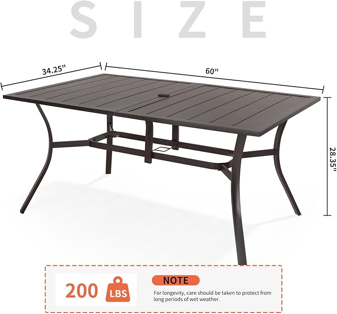 Outdoor Metal Steel Rectangle Patio Dining Table, 6 Person Patio Table with Adjustable Umbrella Hole, Weather-Resistant for Garden Backyard Porch, Dark Brown ADREAK