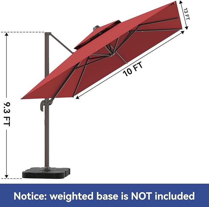 10x13FT Cantilever Outdoor Patio Umbrellas，Double Top Large Rectangle Umbrella Heavy Duty 360°Rotation Offset Outdoor Sun Shade Umbrella for Garden Deck Pool Backyard Patio, Red ZLACUIU