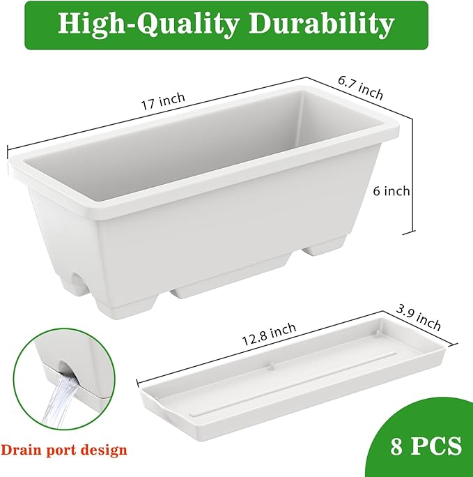 Planter Boxes for Domestic Gardening 8 Pcs, 17 Inch Long Window Sill Planter Box Outdoor, Plastic Rectangular Window Rectangle Window Boxes Planters with Drainage Holes and Trays for Windowsill Tectsia