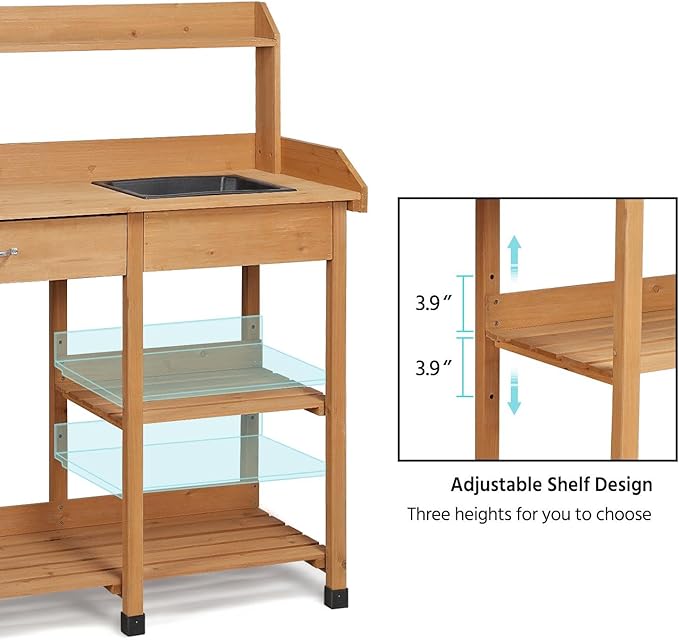 Yaheetech Potting Bench Outdoor Garden Work Bench Station Planting Solid Wood Construction for Horticulture w/Sink Drawer Rack Shelves Natural Wood Yaheetech
