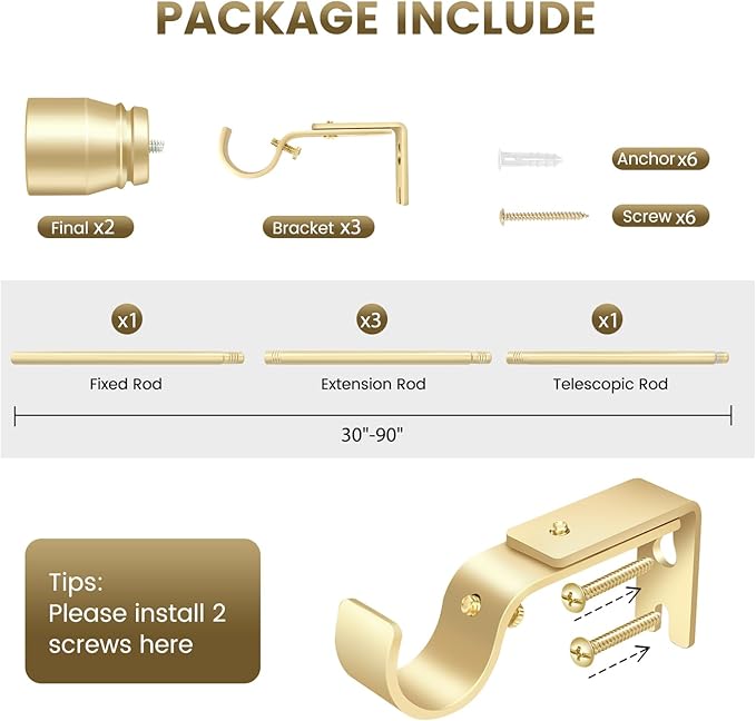 1” Diameter Gold Curtain Rods Itself is 30 to 90 inch, 1 Pack Fit 30-84 inch Windows with Heavy Duty Adjustable Rod 1 Inch Diameter Splicing Metal Extra Long Curtain Rod Rootora