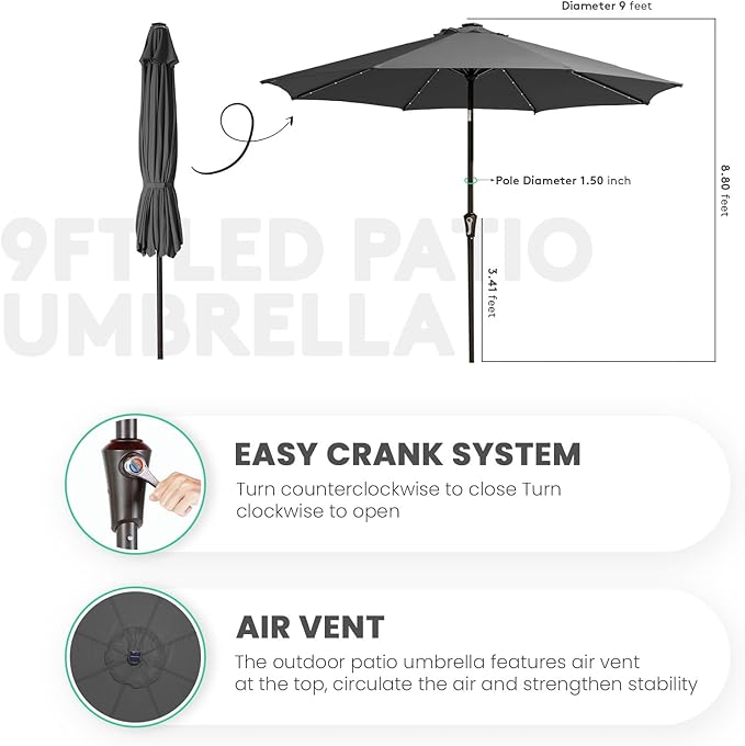 JEAREY 9FT Outdoor Patio Umbrella with Solar Lights, LED Lighted Pool Umbrella with Tilt and Crank, Outdoor Table Umbrellas for Deck, Yard & Market (Dark Gray) JEAREYOutdoorsCollection