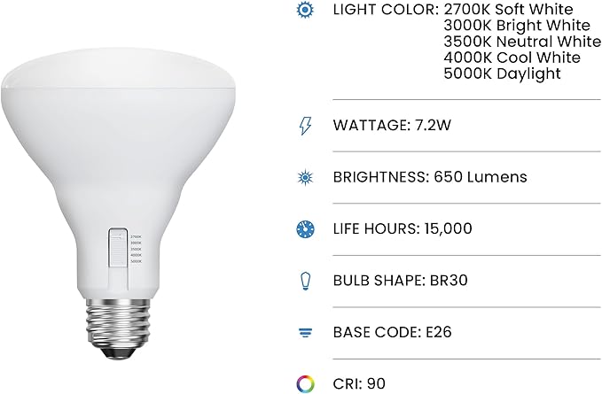 Feit Electric BR30 LED Flood Light Bulb, 65W Equivalent, Dimmable, 5CCT, Adjustable White, 650 Lumens, Indoor/Outdoor Residential & Commercial Use, 17,000-Hour Lifespan, BR3065DM5CCTCA15K/6, 6-Pack FeitElectricCompany