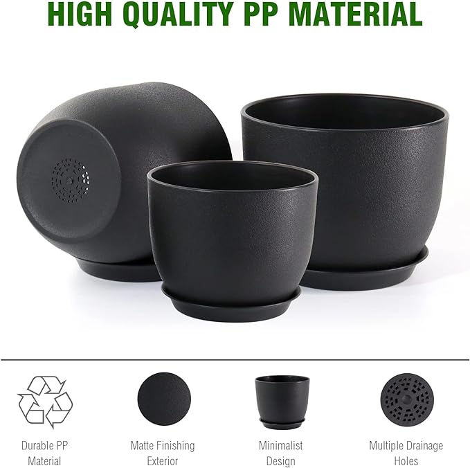 12/10/9 inch Big Flower Pots, 3 Pack Modern Decorative Plastic Planters with Drainage Holes and Tray, Plant Pots for Indoor Outdoor Plants, Black WSMKSZ