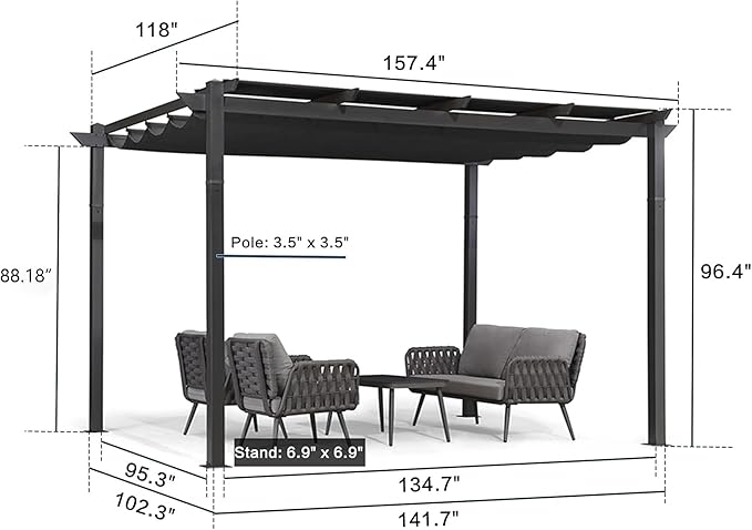 PURPLE LEAF 10' x 13' Aluminum Outdoor Pergola Wind-Resistant Retractable Pergola with Double Sun Shade Canopy Heavy-Duty Metal Pergola for Patios Backyard Deck Garden, Grey Rootora