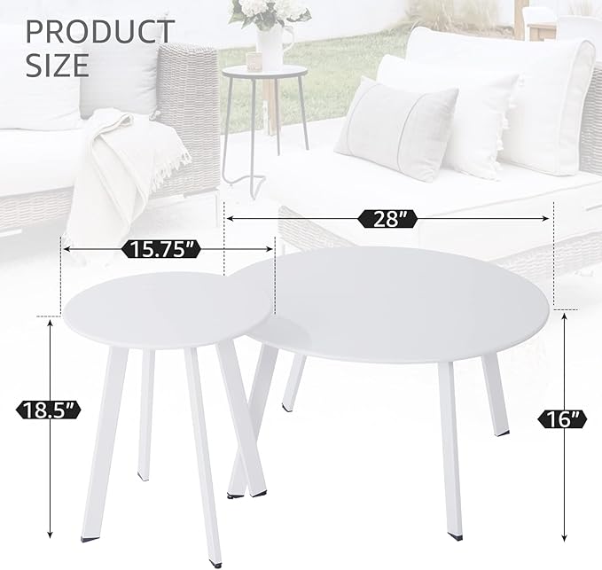 Outdoor Patio Coffee Table Set of 2, Weather Resistant End Table, Round Nesting Tables for Living Room Balcony Office, White Meluvici