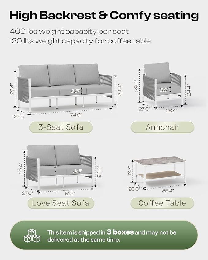 Aluminum Outdoor Patio Furniture Set with Dual-Layer Coffee Table, 4 Piece Modern Patio Conversation Sets with PE Rope, Outdoor Sectional Sofa with Thick Cushions for Balcony, Deck, White Oasbira
