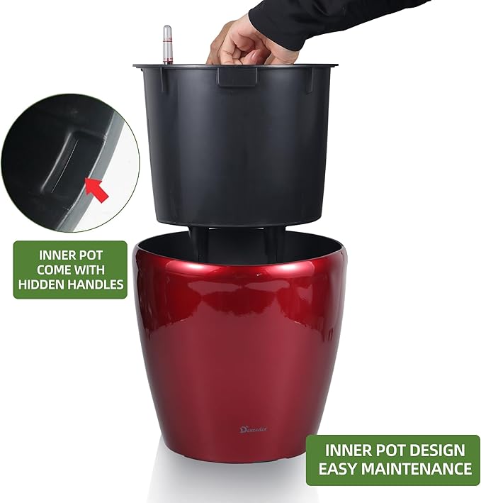 Dexceder 11x10 Inches High Gloss Self Watering Planter Indoor Outdoor, Inner Pot Design, Thickened Table Flower Plant Pot with Water Level Indicator (Red) Dexceder