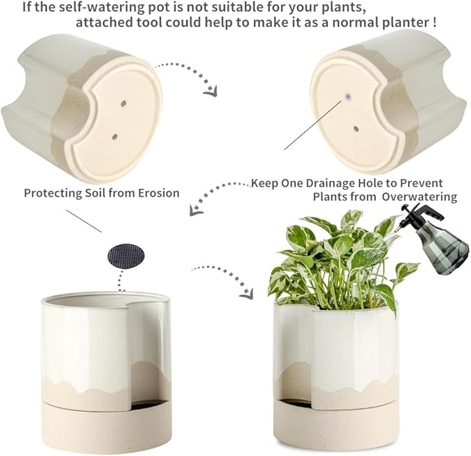 Nihow Self Watering Plant Pot: 8 Inch Ceramic Planter with Drainage Hole & Water Storage Plus for Indoor & Outdoor Plants - Cylinder Round Flower Pot for Succulent/Herbs/Violets - White & Wave Nature Nihow