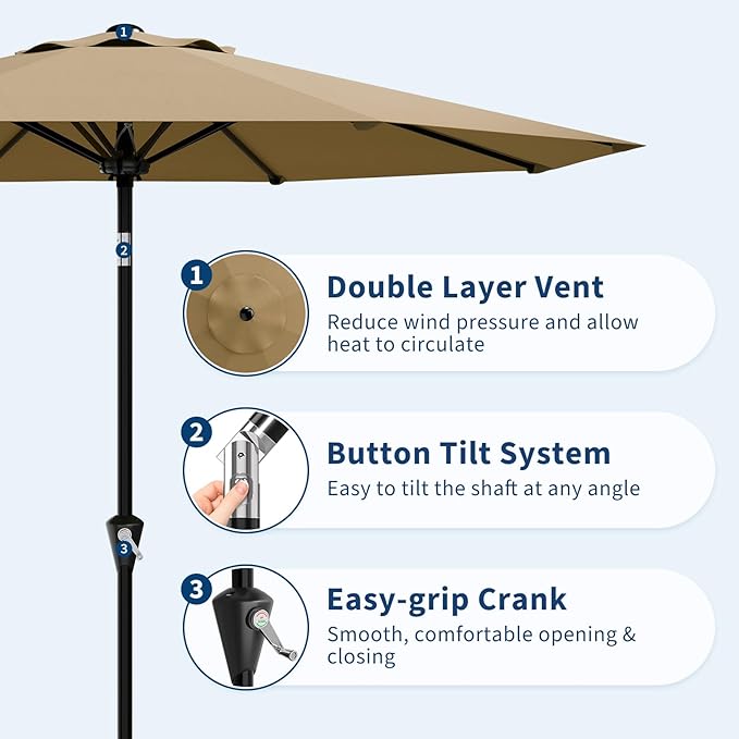 Garvee 10FT Patio Umbrella - Outdoor Table Umbrella with Smooth Crank Lift, Push Button Tilt and 8 Sturdy Ribs - Market Umbrella UV Protection Waterproof for Pool, Deck, Yard, Garden (Tan) Garvee