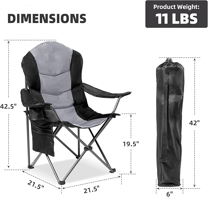 2 Pack Folding Camping Chairs for Adults - High Back Padded Outdoor Lawn Chairs with Lumbar Support & Cup Holder, 400lbs Heavy Duty Portable Camping Chairs Set (Black & Light Gray) Rootora