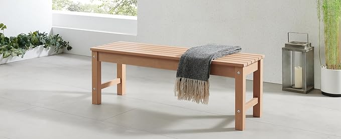 Psilvam Outdoor Bench, Two Person Poly Lumber Porch Bench, Weatherproof Garden Bench That Never Rot and Fade, All-Weather Patio Bench Suit for Garden, Porch, and Park (Teak Color) PsilvamGardenFurniture