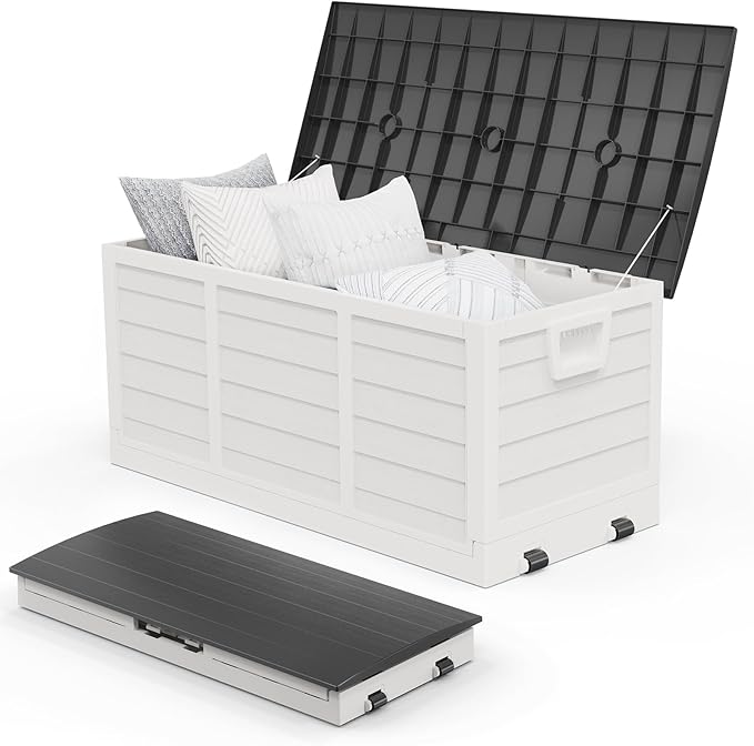 VINGLI 75 Gallon Collapsible Outdoor Storage Box, Simple-to-assemble Plastic Storage Containers with Lid, Patio Deck Box Furniture for Garden, Pool, Balcony, Yard (White) VINGLI