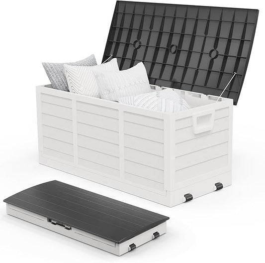 VINGLI 75 Gallon Collapsible Outdoor Storage Box, Simple-to-assemble Plastic Storage Containers with Lid, Patio Deck Box Furniture for Garden, Pool, Balcony, Yard (White) VINGLI