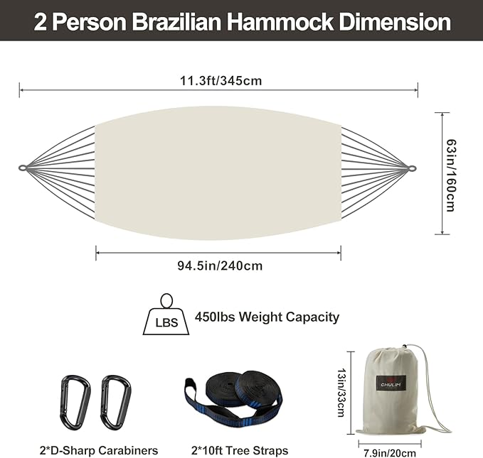 Brazilian Double Hammock with Tree Straps,Extra Large 240x160cm,2 Persons Hammock for Backyard Patio Outdoor and Indoor,450lbs Weight Capacity,Soft Woven Cotton Fabric Natrual White CHULIM