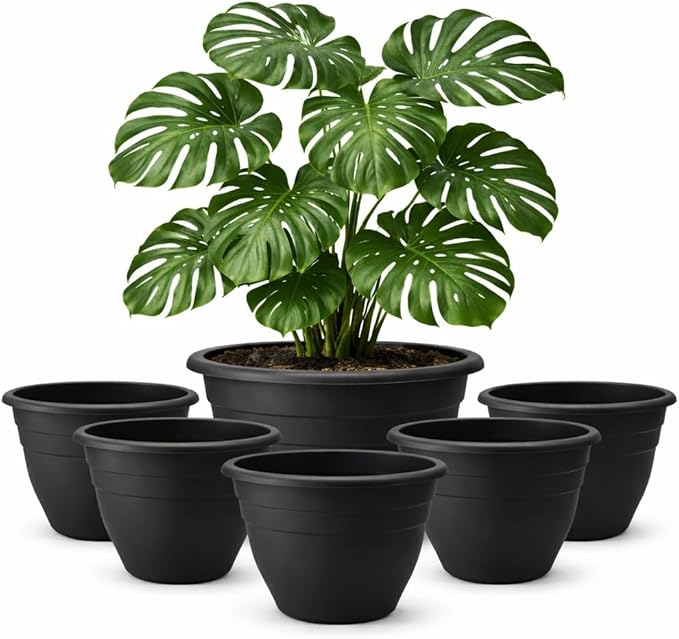16 Inch Plant Pots Indoor Outdoor,6 Pack Black Plastic Planters with Drainage Holes,Large Lightweight Flower Pots for Indoor Outdoor Plants,Patio Garden Containers RooTrimmer