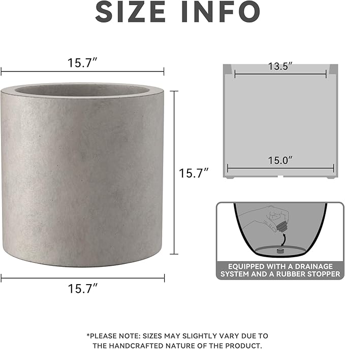 Kante 15.7" Dia Round Concrete Planter, Modern Style Large Cylindrical Plant Pot with Drainage Hole and Rubber Plug for Indoor Outdoor Patio, Weathered Concrete Kante