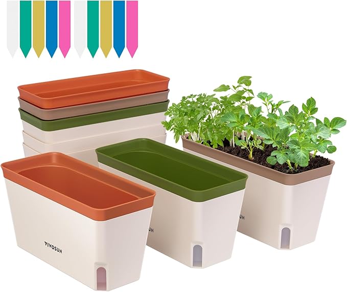 VIVOSUN Self-Watering Planters, 6-Pack 10.5 Inch Compact Rectangular Window Herb Planter Box with 10 PCS Plant Labels, Plant Container for Basil, Flowers, Succulents, Indoor & Outdoor VIVOSUN