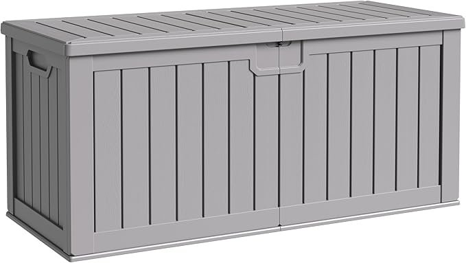 Flamaker Resin Deck Box 250 Gallon, Waterproof Imitation-Wood Lockable Storage Box with Separator Plate Outdoor Indoor, Garden, Patio Furniture for Tools&Pool Accessories (Gray) Flamaker