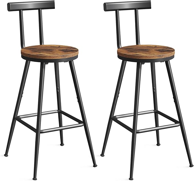 Bar Stools, Set of 2 Bar Chairs with Backrest and Footrest, 26" Tall Counter Stools, Metal Frame, Adjustable Feet, Easy Assembly, for Kitchen, Living Room, Pub, Rustic Brown BAHR6001 MAHANCRIS