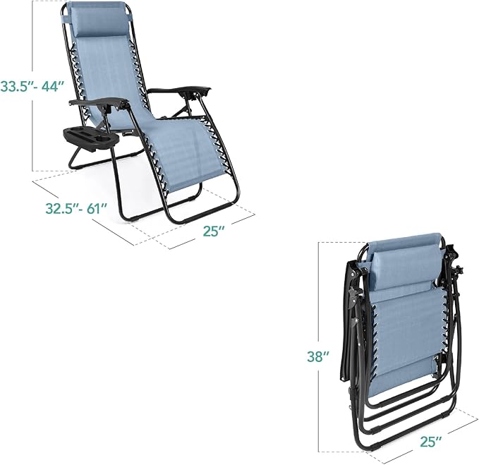 Best Choice Products Set of 2 Adjustable Steel Mesh Zero Gravity Lounge Chair Recliners w/Pillows and Cup Holder Trays - Dusty Blue/Black BestChoiceProducts